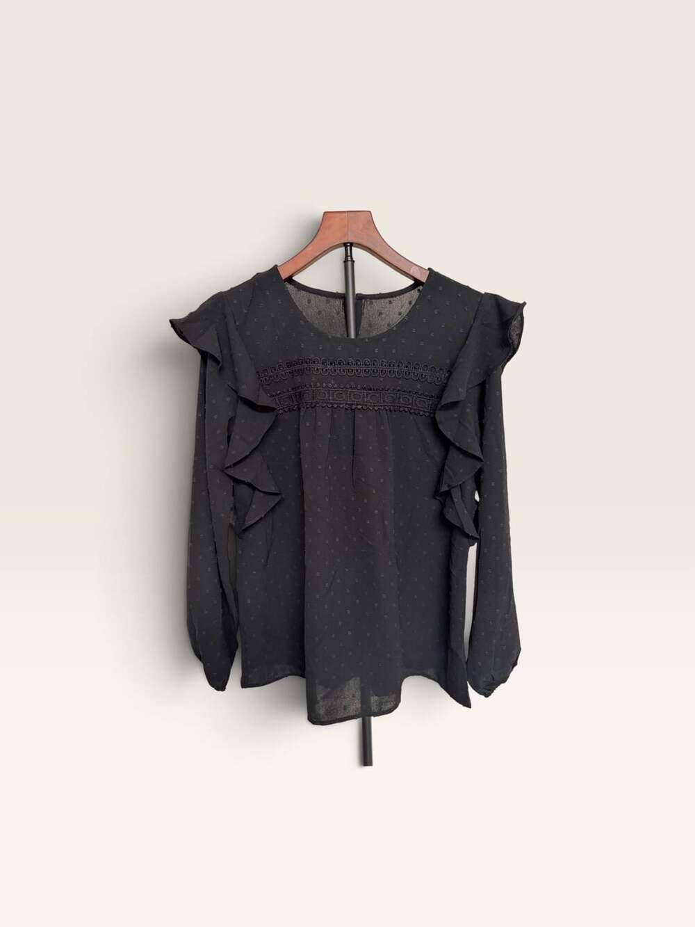 Unbranded Swiss Dot Ruffle Lace Trim Blouse Black